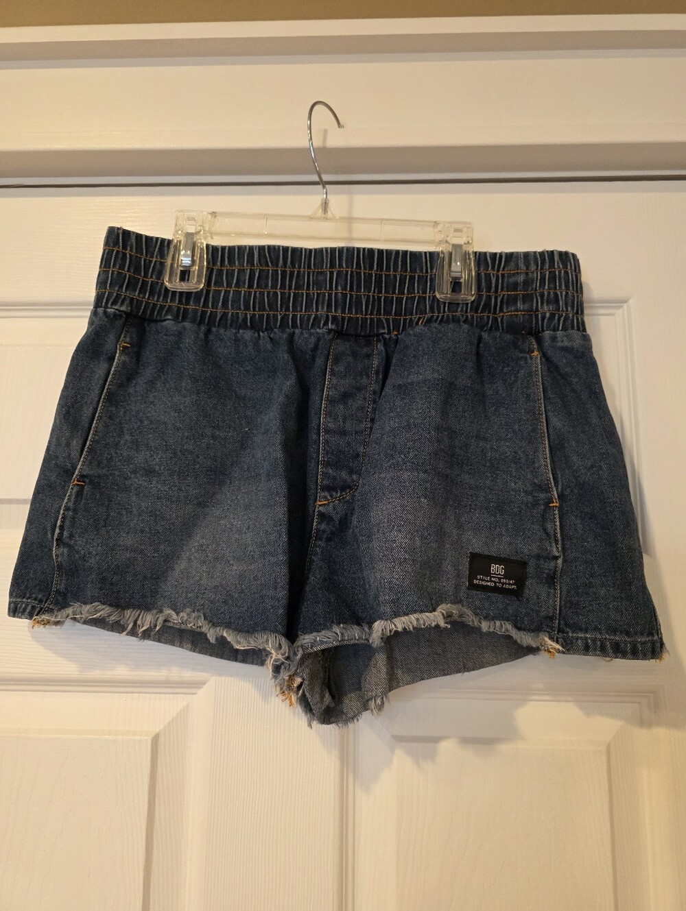 BDG Blue Elastic-Waist Denim Shorts with Frayed Hem Womans Size Medium
